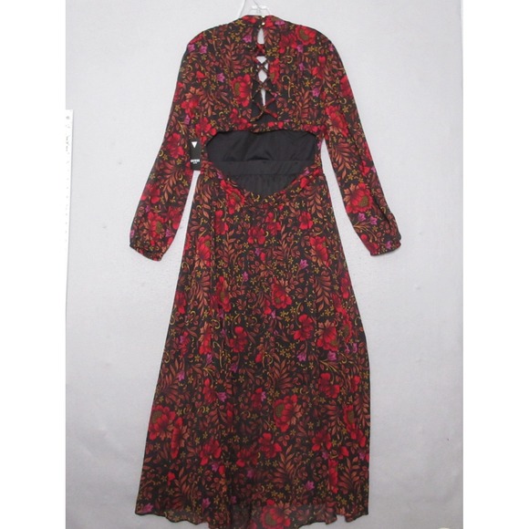 Guess Dress 12 Red Midi Floral‎ Cut Out Back Mock Neck Chiffon Flowy Party NWT - Picture 1 of 14